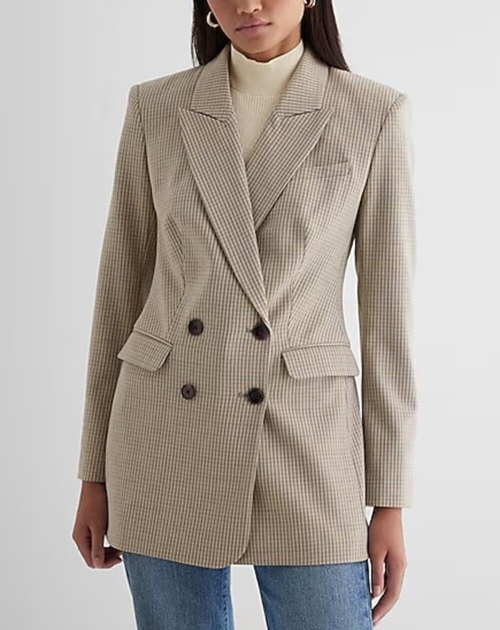 EXPRESS Wool-Blend Houndstooth Double Breasted Blazer Small Blue Tan Structured